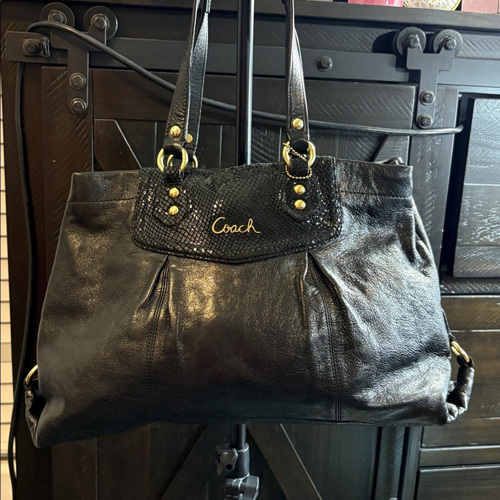 Coach Black Leather and Snakeskin-Patterned Handbag